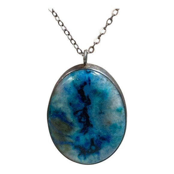 Sterling Silver Chain Oval Apatite Blue & Green Gemstone Pendant Necklace 18" - Picture 1 of 9